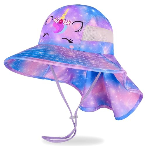 MHJY Sonnenhut Kinder Sonnenmütze Mädchen Hut Sommer UV Schutz 50 Mützen Einhorn Anglerhut Breite Krempe Kappe mit Nackenklappe Kleinkind 2-9 Jahre