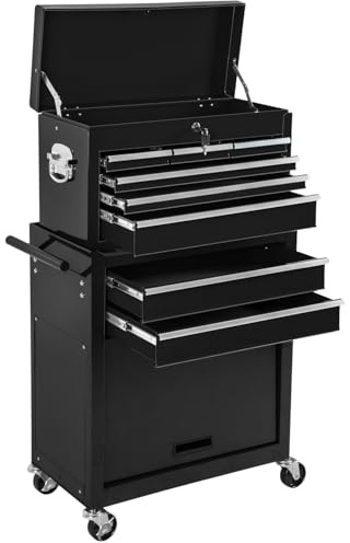 tectake Werkstattwagen Trolley mit Kofferaufsatz, Werkzeug Wagen abschließbar, 10 Fächer, Mobile Werkbank ohne Werkzeug, aus Stahl, Rollen mit Bremsen, Werkzeugwagen leer, Werkzeugschrank -schwarz