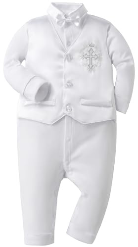 Booulfi Baby-Junge Taufstrampler 6-9 Monate Weiß Langarm Festliche Kleidung für Neugeborene Herren Taufe Erster Geburtstag Anzug