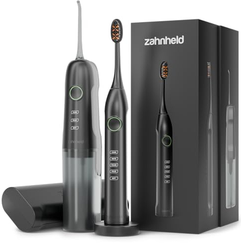 Zahnheld Schallzahnbürste Gero G3 & Munddusche AQUADENT Set – elektrische Zahnbürste, Zahndusche für Zahnzwischenräume – Zahnreinigung & Mundhygiene - Andrucksensor, Timer, vers. Modi, USB-C – schwarz