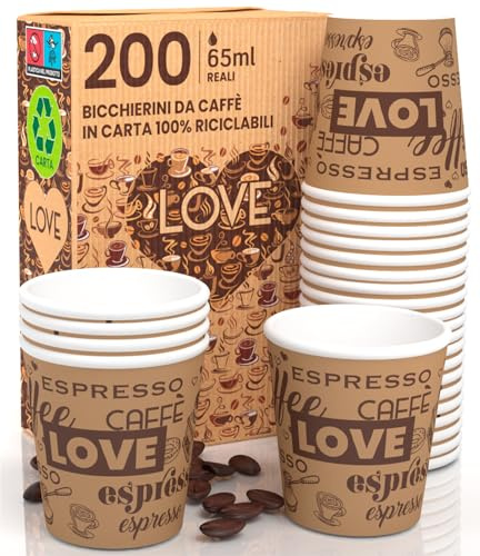 Eurocali 200 Espresso Pappbecher 65ml Biologisch Abbaubare Kaffee Einwegbecher - Ökologisches Design LoveBrownCUP - Kleine Größe für italienischen Espresso für Heißen Getränken