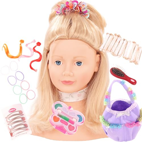 Götz 1192052 Haarwerk Schminkkopf Blonde Haare 28 cm Frisierkopf 57-TLG | blaue Augen, für Kinder ab 3 Jahren, Make-up-Set, Stylingzubehör, kämmbar, standfest mit Saugnäpfen
