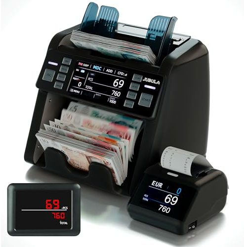 Jubula MV-550 Geldzählmaschine für gemischte Geldscheine & Falschgelddetektor | UV/MG/IR/DD / 2CIS usw. | Exakt | EUR USD GBP SEK CHF usw. | Banknotenzähler | Geldzähler (MV-550+Printer)
