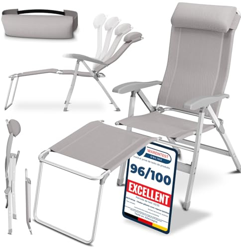 ELONEO Campingstuhl faltbar mit Abnehmbarer Beinauflage, Klappstuhl aus Aluminium, Gartenstuhl klappbar, Liegestuhl mit Verstellbarer Rückenlehne, Camping Chair Taupe