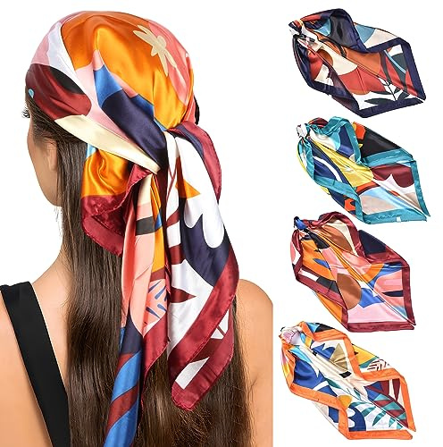XIEJ Kopftuch Seidentuch Halstuch für Damen, 90x90cm Kopftuch Damen Sommer, Satin Bandana Mädchen Headscarf Haarschmuck, Stilvolle Seidentuch Kopftücher