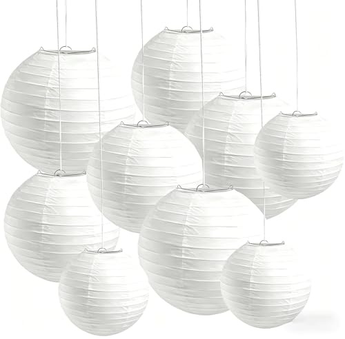 9 Stück Lampions Weiß, 8/15/20 CM, Papierlampenschirm für Party-, Hochzeits- und DIY-Dekoration, Ideal für Geburtstage, Festivals, Gartenpartys, Babyshowers, Dinner-Events, Weiß