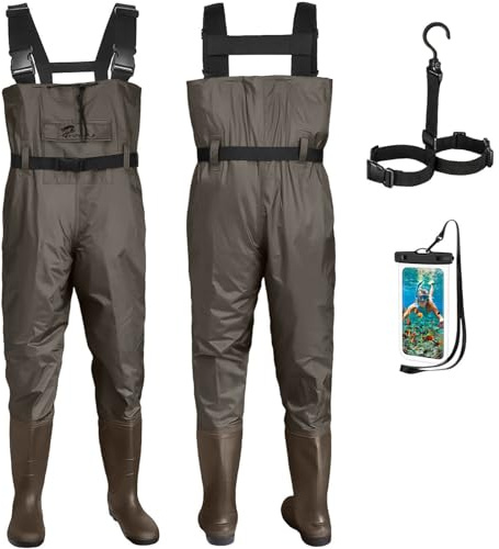 Croch Wathose für Herren Damen Anglerhose Wasserdicht PVC Nylon mit Gummi Watstiefel Größe 38-47 Perfekt Watthose und Angelhose (Braun, 47)