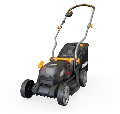 WORX WG733E Akku-Rasenmäher 20V, 33cm Schnittbreite, 35L Grasfangkorb (leistungsstarker Brushless-Motor, 6 Schnitthöheneinstellungen (25-75mm), Intellicut Technologie, inkl. 4Ah Akku & Ladegerät)
