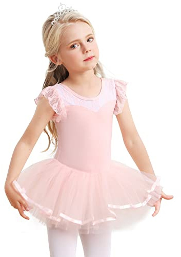 Mädchen Ballettkleidung Ballettkleid Baumwolle Tanzkleid Tutu Ballett Tütü Kinder Balletttrikot mit Rock Ballerina Kleid Rosa 5-7 Jahre 130