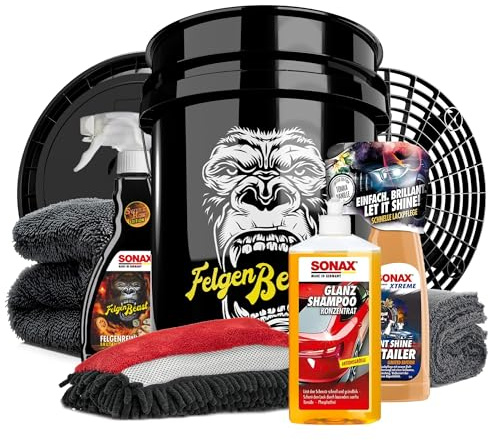 Autowäsche Set - SONAX: Autoshampoo Glanz Shampoo Konzentrat - Magic Bucket SONAX Felgenbeast Wascheimer mit Deckel & Schmutzfalle, Waschhandschuh mit Insekten Mesh - Autoreinigungsset Aussen