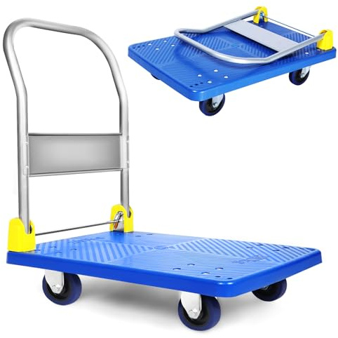Healsmart Plattformwagen mit 400 kg Tragkraft und 360-Grad-Schwenkrädern, Faltbarer Handwagen zum Laden und Aufbewahren, Blau