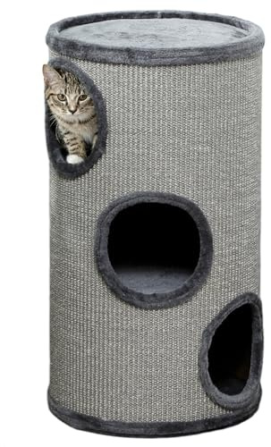 PawHut Kratztonne 70 cm Hoch Ø 38 cm dreistöckige Katzentonne mit Plüschrand, Katzenhöhle, Kratzbaum für kleine Katzen, Hellgrau