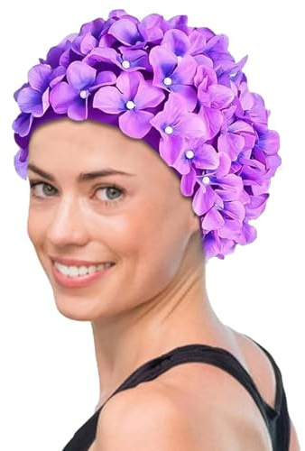 Senermter Badekappe Damen mit Blumen, Wasserdicht Retro, für langes/kurzes Haar, Violett, Brokat