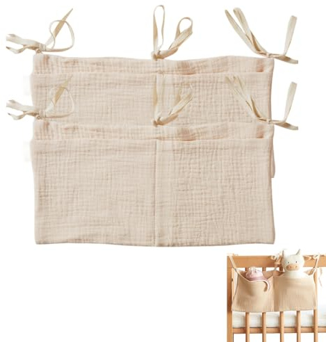 PangWuu 2 Stück Wickeltisch Organizer, Babybett Organizer mit 2 Taschen, Wickelkommode Organisierer für Babybett Zubehör, 40 x 20 cm, Reine Baumwolle, Khaki