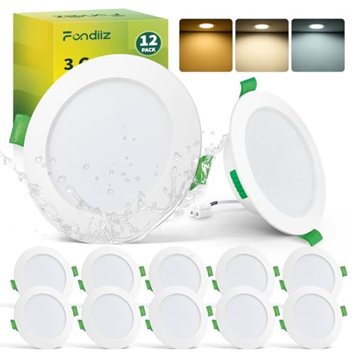 Fondiiz LED Spots 230V, 68mm Lochmaß, 88mm Durchmesser, 5W, IP44, 12er Set | 3 Farbtemperaturen Warmweiß/Neutralweiß/Kaltweiß Einbaustrahler LED Flach für Badezimmer/Wohnzimmer, 480LM, Weiß, Rund