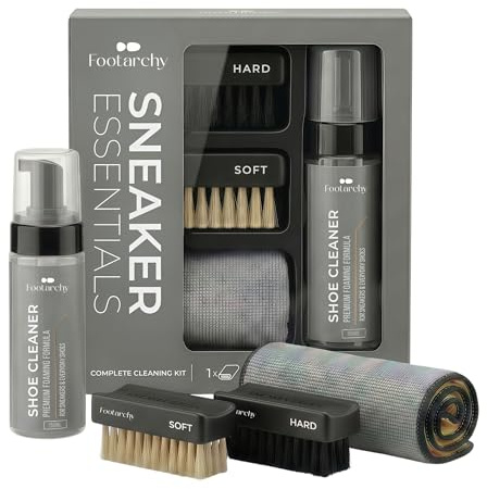 Footarchy Sneaker Cleaner Set – 150ml Reinigungsschaum, Schuhreinigungsset mit 2 Bürsten (Soft & Hard) & Mikrofasertuch – Schuhputzset für weiße Schuhe, Leder, Mesh & Einlegesohlen