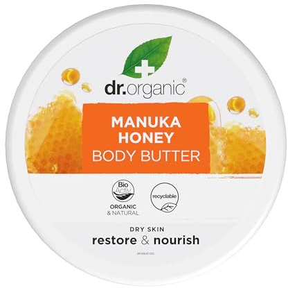 Dr Organic Manuka-Honig-Körperbutter, Feuchtigkeitsspendend, Trockene Haut, Für Männer, Für Frauen, Natürlich, Vegetarisch, Tierversuchsfrei, Paraben- & SLS-frei, Bio, 200ml