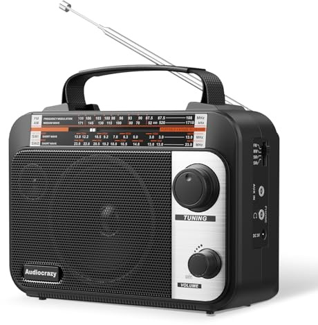 Audiocrazy UKW FM/AM/SW1-2 Radio Tragbares Radios Weltempfänger Radio mit 1800mAh Rechargeable Batterie, AC Kabel oder Batteriebetrieben, Multiband Kurzwellenradio AUX/Kopfhöreranschlus Schwarz