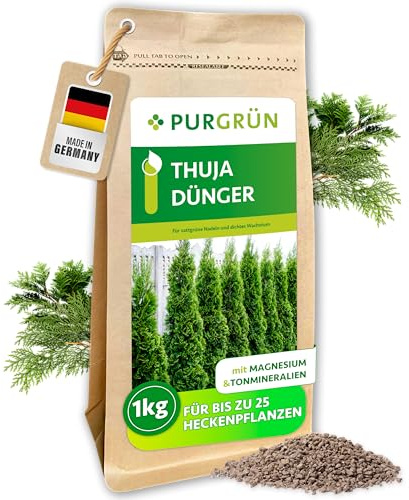 Purgrün® Thuja-Dünger 1 kg – Extra Magnesium schützt vor Nadelverfärbungen – Fördert schnelles Wachstum für eine dichte Hecke – Tonmineralien für einen gesunden Boden – Granulat für ca. 25 Pflanzen