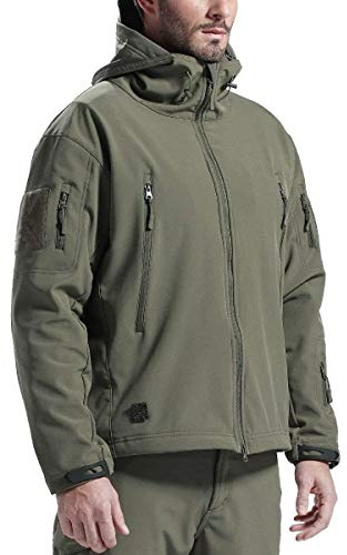 FREE SOLDIER Herren Winterjacke Military Softshell Jacken Outdoor Fleecefutter Winddichte Wasserdichte Jacke mit Kapuze Warme Taktische Jacken mit Mehreren Taschen für Jagdausflüge (Grün,2XL)