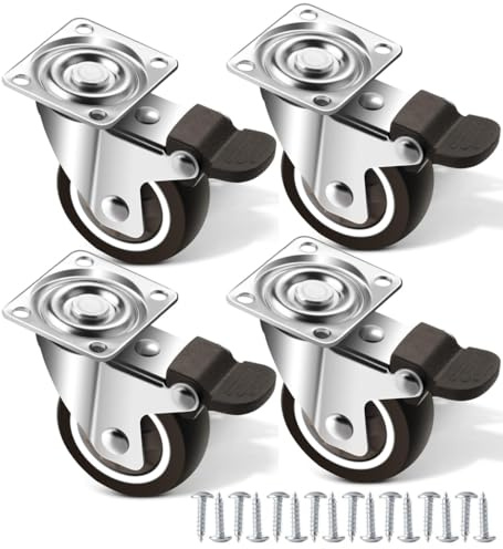 4er Set Möbelrollen 25 mm, Schwerlastrollen mit 4 Bremse, Rollen für Möbel, Transportrollen mit 40kg Gesamtkapazität, 360° Drehbar Lenkrollen, Bockrollen für Tisch, Gummirollen für Viele Bodenarten