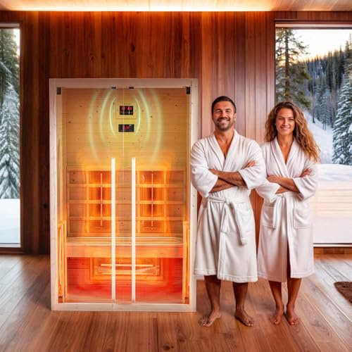 GLOBAL RELAX® | DHARANI S2 PLUS Infrarot-Innensauna für 1 oder 2 Personen | Fichtenholz | Einstellbare Temperatur | LED-Beleuchtung | 2200W Leistung | 3D-Klang | Entgiftet Körper | Muskelentspannung