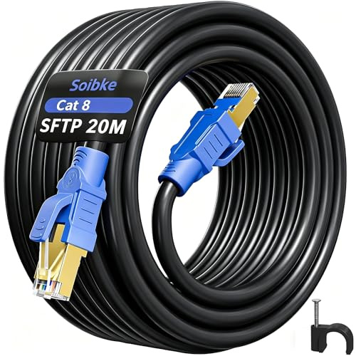 LAN Kabel 20Meter Schwarz Cat 8 Internet Kabel 20m Ethernet Kabel Geschirmt | Netzwerkkabel High Speed Hochgeschwindigkeits Patchkabel SFTP Geschirmt WLAN RJ45 Gigabit für Modem Router