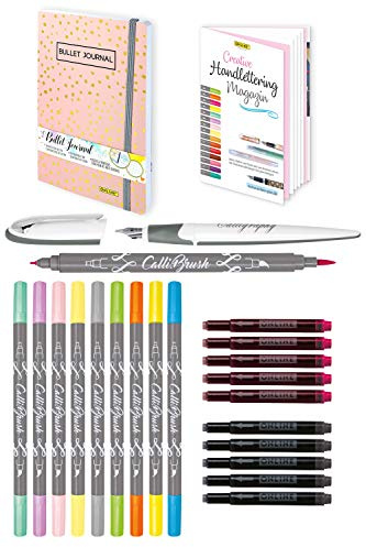 Online Handlettering Starter Set I Kalligraphie-Set mit 10 Brush Pens „Calli.Brush“, Kalligraphie-Füller, Bullet Journal, Handlettering-Heft, bunten Tintenpatronen & Leinenetui