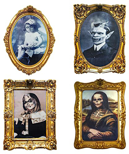 ECGER Halloween Deko Indoor, 3D-Wechselgesicht, Horror Bilder Dekoration | Beweglicher Portraitrahmen, 4 Stück, Gruselige Wanddekoration Für Party, Schloss, Spukhaus, Zuhause, Innendekoration