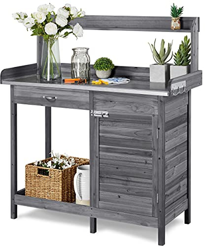Yaheetech Pflanztisch mit Unterschrank & Zink-Arbeitsplatte & Schubladen | Gärtnertisch Holzpflanztisch Blumentisch Wetterfest mit 3 Haken für Garten Balkon Terrasse, 112 x 46,5 x 125 cm, Grau