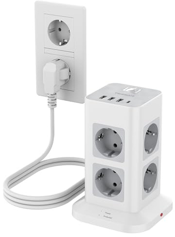 TESSAN 8 Fach Mehrfachsteckdose mit USB C, Verlängerungskabel 3M mit 4 USB und Steckdosenleiste Überspannungsschutz, 3600W Steckdosenturm mit Schalter, Steckdosenwürfel für Büro, Grau