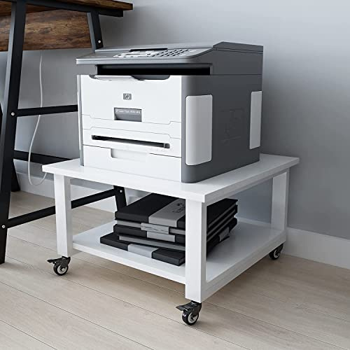 PUNCIA 2-Ebene Druckertisch mit Universalrollen 50 x 50 x 30 cm mobiler Druckerständer aus Holz & Metall Druckerwagen Aufbewahrungsregal bis zu 70 kg belastbar Weiß für Büro Zuhause Office Schule