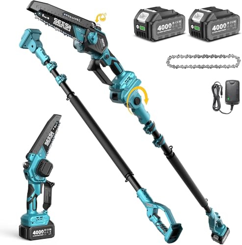 SEESII 2-in-1 Hochentaster Akku, 6-Zoll Mini-Kettensäge für Baum Trimmen | Mini-Kettensäge mit 2 x 4000 mAh Akku 4.87m Reichweite, Kompatible mit Makita Akku 18V, für Ast Schneiden Gartengerät