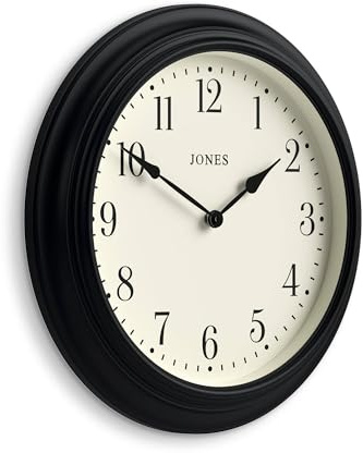 JONES CLOCKS® Supper Club Wanduhr | Große Klassische Uhr | 40cm | Schwarz | Gut lesbare Zahlen | Traditionelles rundes Design ideal für Küche oder Wohnzimmer