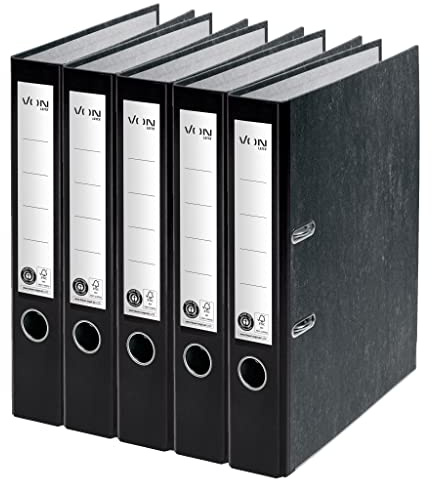 VON Leitz 5er Pack Ordner A4, Blauer Engel, Für 350 Blatt, 50 mm | Klassisch marmoriert, FSC-zertifiziert, Für Schule, Studium & Zuhause, Schwarz, 10541095