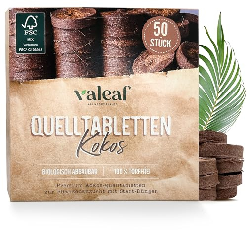 Kokos-Quelltabletten, 50 Stück - Torffreie Kokoserde mit Startdünger, ideale Anzuchterde für Stecklinge für einfache Durchwurzelung