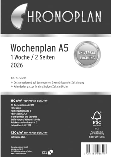 Chronoplan 50236 Kalendereinlage 2026 (Wochenplan A5 (148x210mm) Ersatzkalendarium für Terminplaner, ideal für detaillierte Wochenplanung, 1 Woche auf 2 Seiten in Spalten, mit Universallochung) weiß