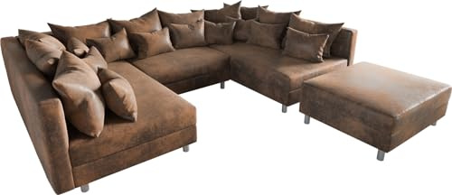 DELIFE Couch Clovis Braun Vintage Optik mit Hocker Wohnlandschaft Modulsofa