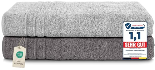 Komfortec 2er Saunahandtuch Set 80x200 cm, Große Saunatücher aus 100% Baumwolle, Sauna Handtücher, Flauschig und Saugstark, Schnelltrocknend, Anthrazit Grau/Silber