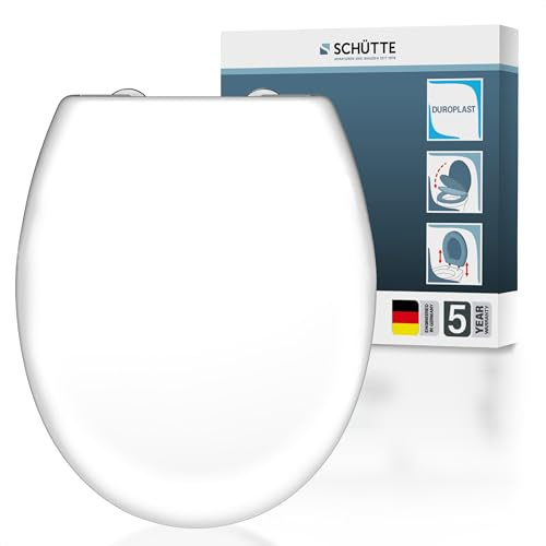 SCHÜTTE Oval WC-Sitz mit Absenkautomatik, Abnehmbarer Klodeckel aus bruchsicherem Duroplast, DIY Montage mit Klebepads und Schablone, Toilettendeckel und Brille bis 200 kg belastbar, Weiß