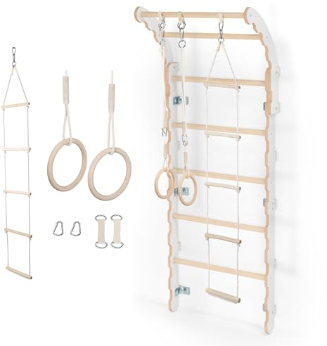 MAMOI® Klettergerüst Indoor, Sprossenwand für Zimmer, Turnringe für Klettern, Kletterwand und Spielgeräte, Turngeräte mit Klimmzugstange für drinnen, Sportgeräte