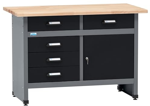Küpper Werkbank 12049, 5 Schubladen, 1 Tür, 300 kg Traglast, 30 mm Massive Buchenarbeitsplatte (Schwarz, 120x84x60 cm)