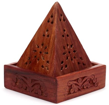 Puckator Sheesham Räucherkegel, Holzpyramide, mit Laubsägearbeit, Braun, 10 x 9 x 9 cm, gemischt, Höhe 10 cm, Breite 9 cm