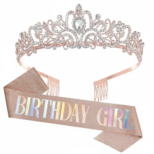 Geburtstagsgeschenk - Roségold-Krone & Band Set – Universelles Deko-Accessoire für Mädchen & Erwachsene für Geburtstag, Party & Feier zu 16., 18., 21. & 30. Feier