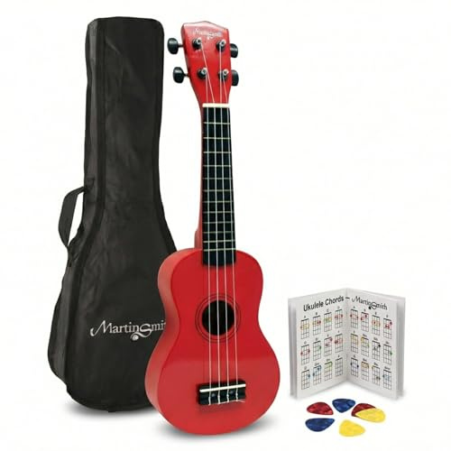 Martin Smith Sopran Ukulele 21 Zoll Starter Set mit Tasche, Rot | Sopran Ukulele mit 4 Nylonsaiten, Tasche und Akkordbuch für Kinder, Erwachsene und Anfänger, Schule und Reise
