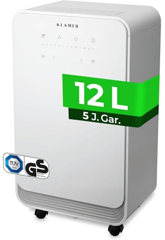KLAMER Luftentfeuchter elektrisch 12L, 100m³ Luftumwälzung pro Stunde, 280W starker Raumentfeuchter, Entfeuchter mit bis zu 2 Liter Fassungsvermögen