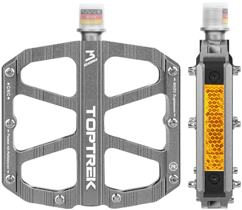 toptrek Fahrradpedale mit StVZO Zugelassen Reflektoren | CNC Aluminium Pedale Fahrrad MTB Pedale rutschfest mit 3 Abgedichtete Lager für Mountainbike, BMX, E-Bike, Rennrad