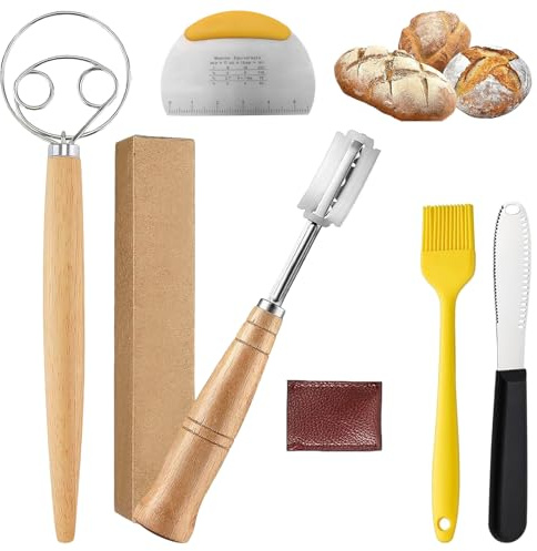 Bäckermesser Set, Brotklinge, Teigschaber, Brotschneidewerkzeug, Brotschneidemesser, Inklusive Bäckermesser, Backen Bürste, Teigschaber und Schneebesen, Ideal für Heim Und Professionelle Backen