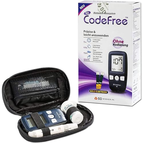SD CodeFree Blutzuckermessgerät Set mg/dL – Diabetes Messgerät mit Blutzuckerteststreifen & Blutlanzetten – Glukosemessgerät zur Blutzuckerkontrolle, Stechhilfe, Etui & Diabetiker-Tagebuch