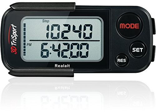 Realalt 3DTriSport Schrittzähler mit Clip & Gurt, inklusive eBook 30-Tage-Speicher, präziser Schrittzähler, Gehstrecke in Meilen/km, Kalorienzähler, tägliche Trainingszeitüberwachung - Stealth Schwarz
